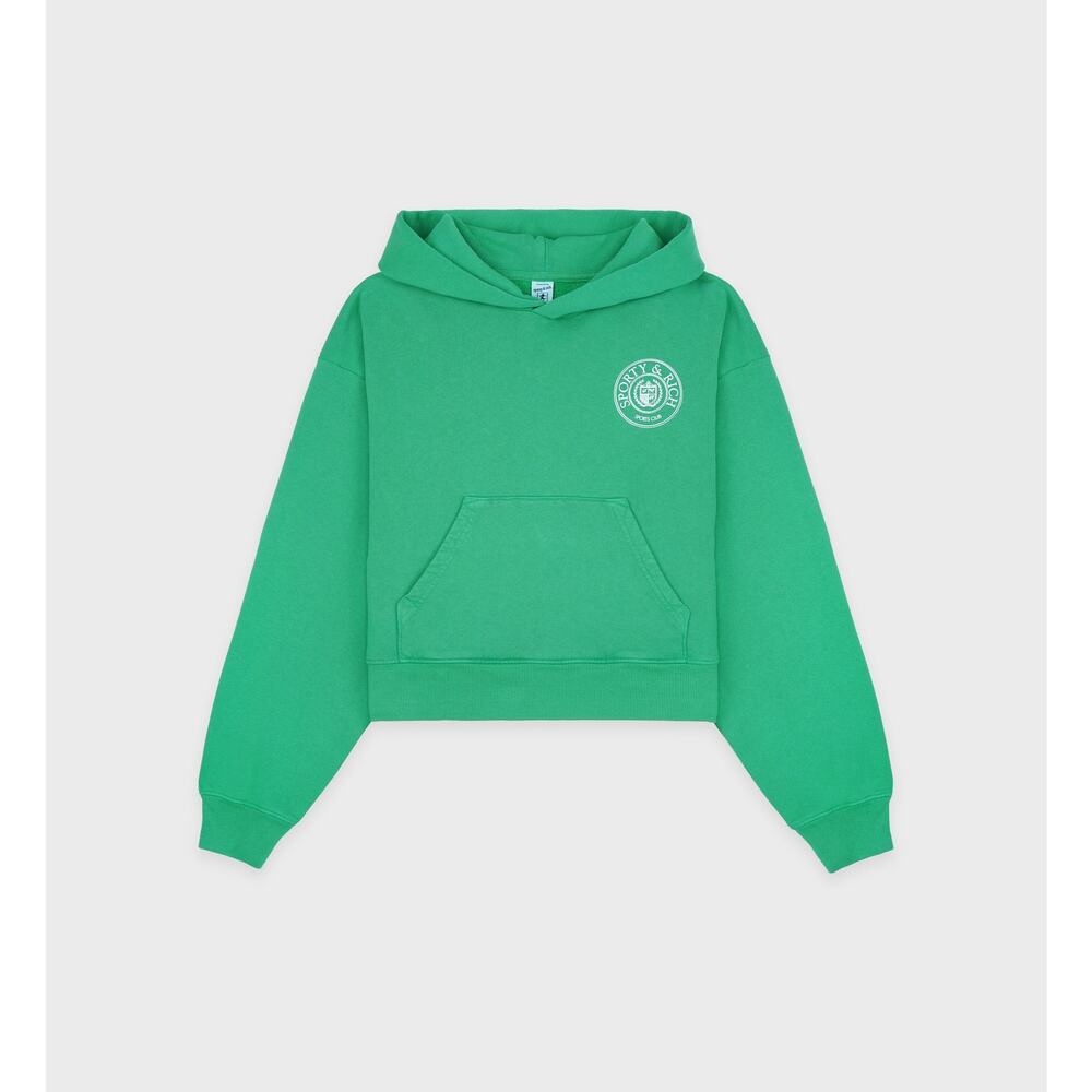 Sporty & Rich 'Connecticut' Green Crest Cropped LS Hoodie Size S